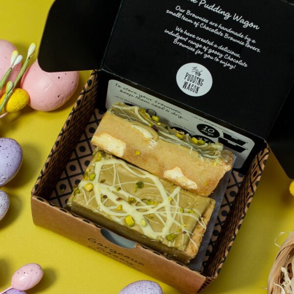 Pistachio blondie , lashing of pistachio sauce and white chocolate.